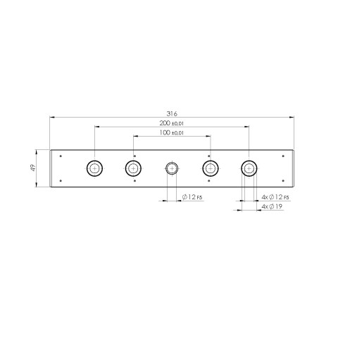 Technische Zeichnung 73315: Quick•Point® Rail Spannleiste 316 x 49 x 25 mm mit Befestigungsbohrungen