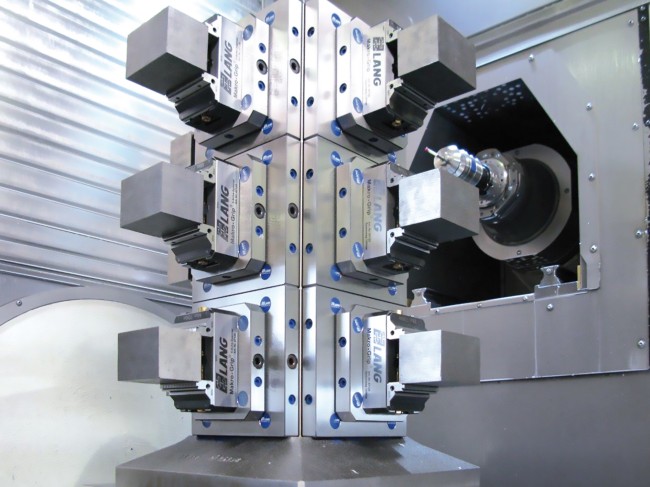 5 axis vise clamped in a zero point plate from LANG Technik